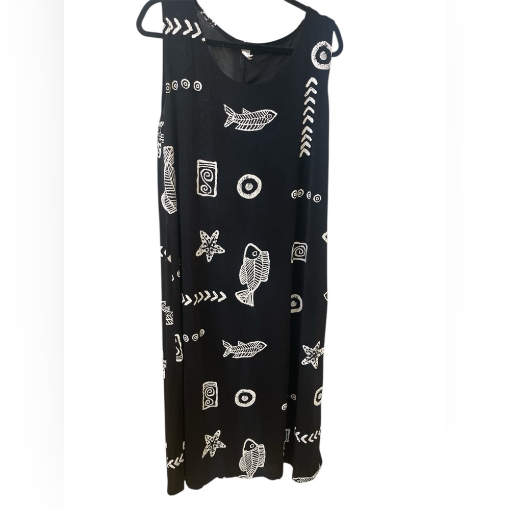 S-marque coastal tank dress 2X fish beach island maxi black white